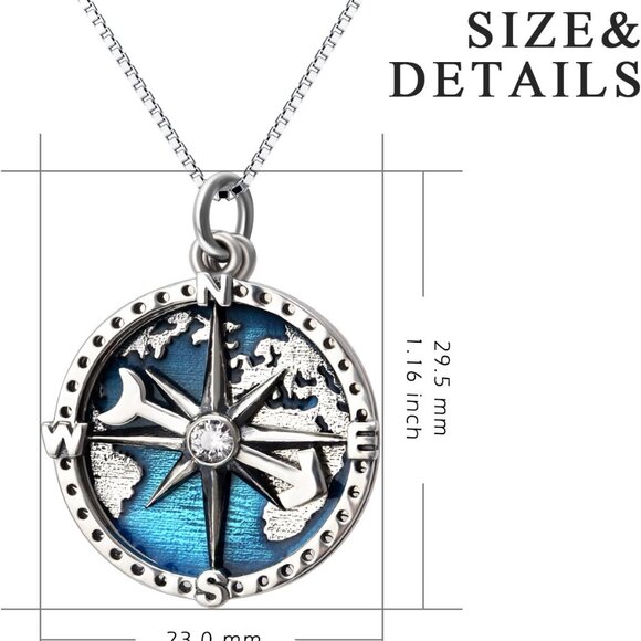 Compass Pendant Necklace Sterling Silver Navy Anchor Travel Map Necklace for Wom - Picture 2 of 7